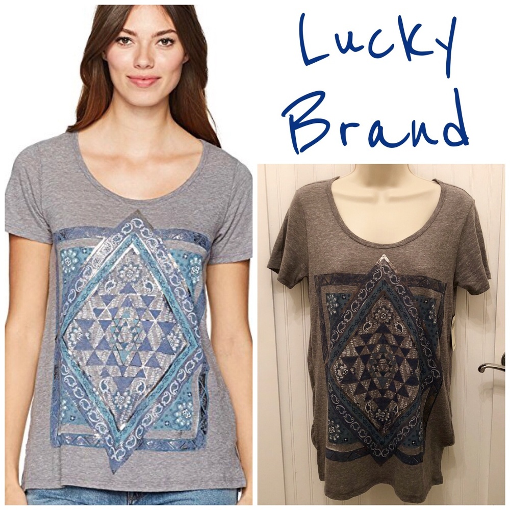 NWT Lucky Brand Gray Tee with Blue Design